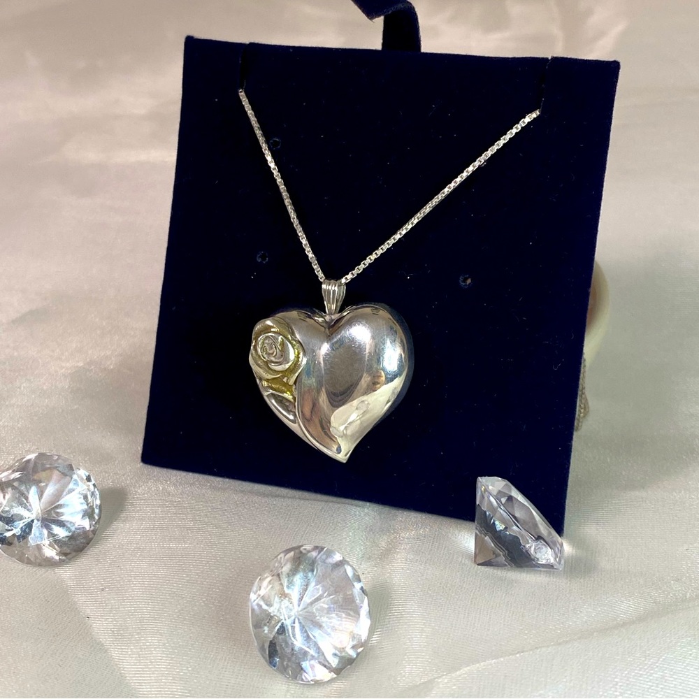 925 STERLING SILVER GORHAM heart rose necklace VINTAGE ❤️ 🌹